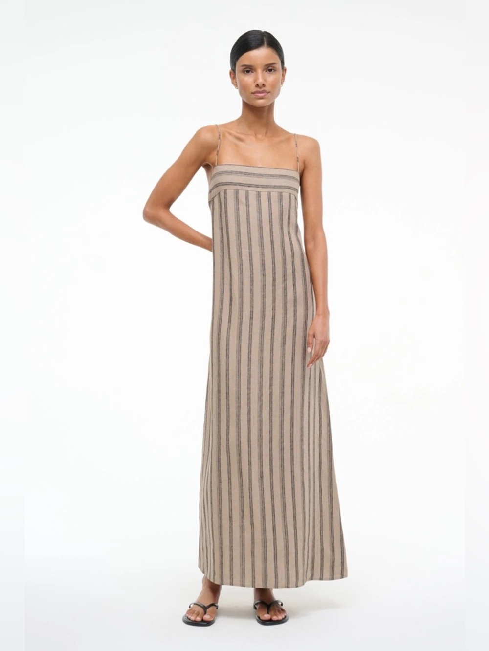 Staud Laura Linen Maxi Dress, Sahara Stripe brown black, size S